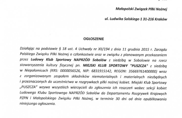 Puszcza Niepołomice przejmuje Sobolów