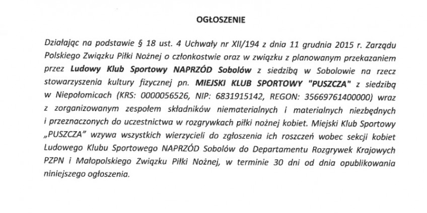 Puszcza Niepołomice przejmuje Sobolów